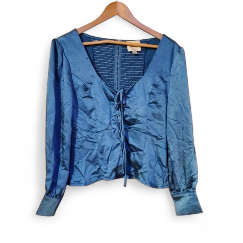 I MADELINE / ANTHROPOLOGIE Satin Corset Lace Up Smocked Back Top - Large